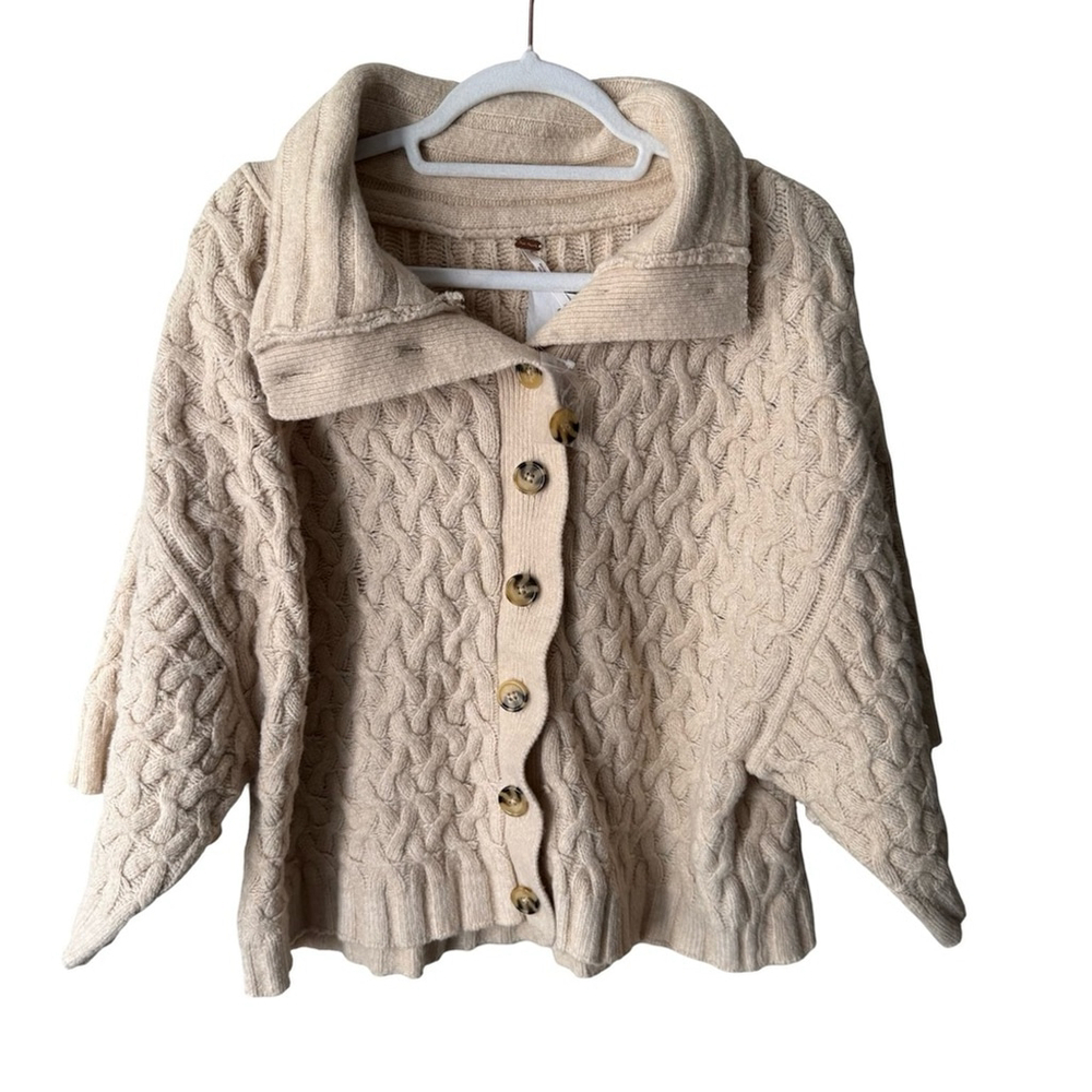 Free People Mae Cable Knit Cardigan Sweater - Tan Size M Boho Cozy Chic Neutral - Picture 2 of 14